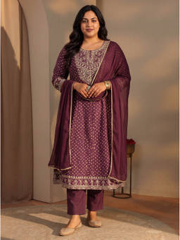Extra love by Libas - Women Burgundy Printed Silk Blend Kurta and Pant with Dupatta