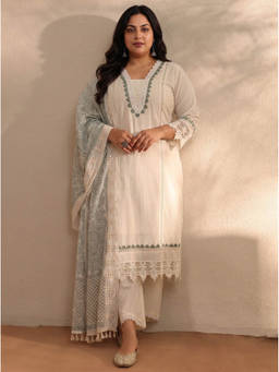 Extra love by Libas - Women White Solid/Plain Cotton Kurta and Pant with Dupatta