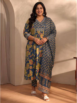 Extra love by Libas - Women Blue Printed Cotton Kurta and Pant with Dupatta