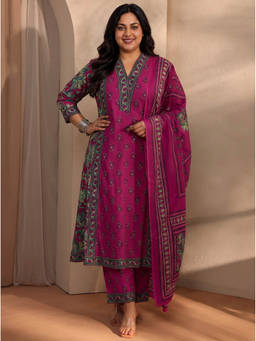 Extra love by Libas - Women Pink Printed Cotton Kurta and Pant with Dupatta