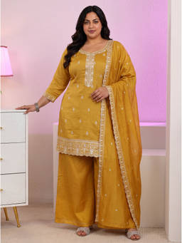 Extra love by Libas - Women Mustard Embroidered Silk Blend Kurta and Palazzo with Dupatta