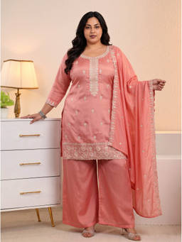 Extra love by Libas - Women Peach Embroidered Silk Blend Kurta and Palazzo with Dupatta