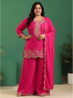Extra love by Libas - Women Pink Floral Chinon Kurta and Palazzo with Dupatta