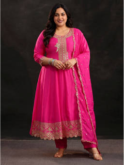 Extra love by Libas - Women Pink Embellished Silk Blend Anarkali Kurta and Pant with Dupatta