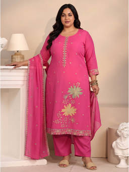 Extra love by Libas - Women Pink Solid/Plain Chanderi Silk Kurta and Pant with Dupatta