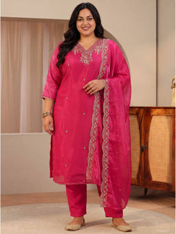 Extra love by Libas - Women Pink Embroidered Tissue Kurta and Pant with Dupatta