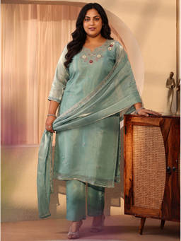 Extra love by Libas - Women Blue Embroidered Tissue Kurta and Pant with Dupatta
