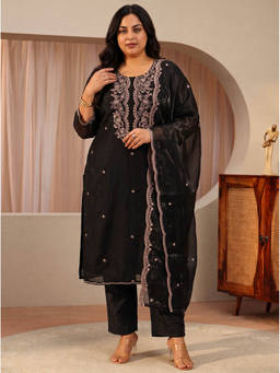 Extra love by Libas - Women Black Embroidered Tissue Kurta and Pant with Dupatta