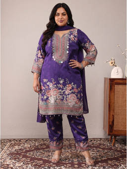 Extra love by Libas - Women Purple Printed Crepe Kurta and Pant with Dupatta