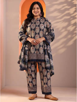 Extra love by Libas - Women Navy Blue Printed Silk Blend Kurta and Pant with Dupatta