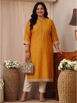 Extra love by Libas - Women Mustard Embroidered Silk Blend Kurta