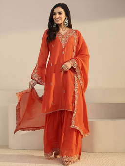Libas - Women Orange Embroidered Chanderi Kurta and Pant with Dupatta