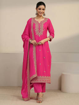 Libas - Women Pink Embroidered Chinon Kurta and Pant with Dupatta