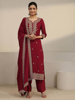 Libas - Women Red Embroidered Chinon Kurta and Pant with Dupatta