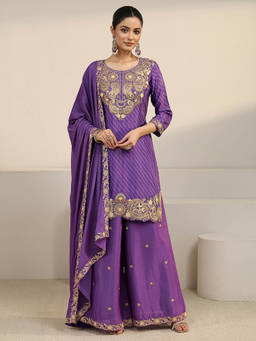 Libas - Women Purple Embroidered Chinon Kurta and Pant with Dupatta