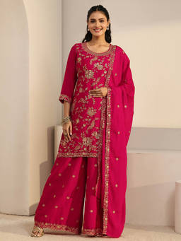Libas - Women Pink Floral Chinon Kurta and Palazzo with Dupatta