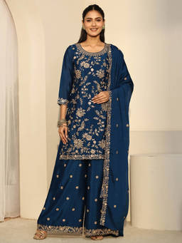 Libas - Women Blue Floral Chinon Kurta and Pant with Dupatta