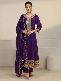 Libas - Women Purple Embroidered Silk Blend Kurta and Pant with Dupatta