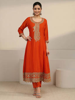 Libas - Women Orange Embroidered Silk Blend Anarkali Kurta and Pant with Dupatta