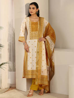 Libas - Women Off White Printed Linen Kurta and Pant with Dupatta