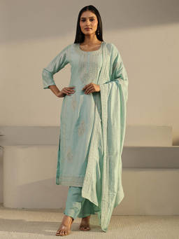 Libas - Women Blue Embroidered Silk Blend Kurta and Pant with Dupatta