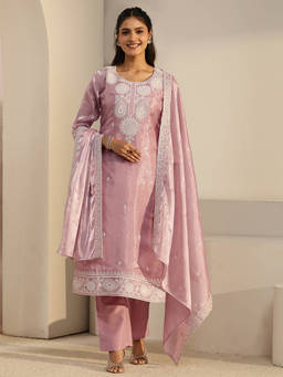 Libas - Women Pink Embroidered Tissue Kurta and Pant with Dupatta