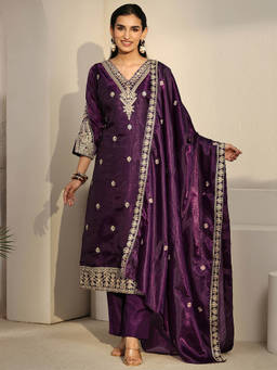 Libas - Women Burgundy Embroidered Tissue Kurta and Pant with Dupatta