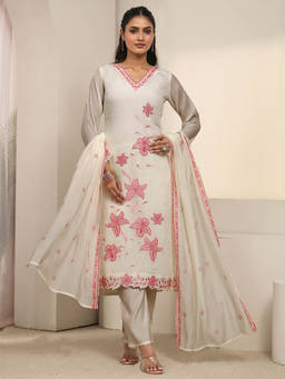 Libas - Women White Floral Chanderi Kurta and Pant with Dupatta