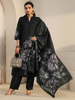 Libas - Women Black Floral Muslin Kurta and Pant with Dupatta