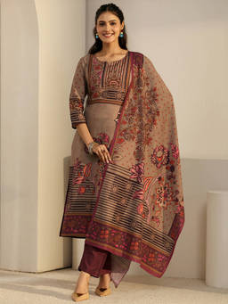 Libas - Women Brown Printed Muslin Kurta and Pant with Dupatta