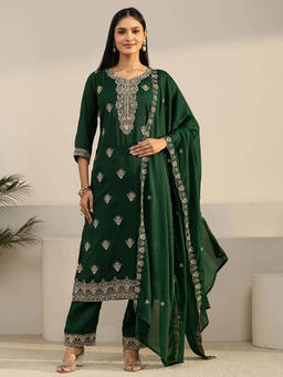 Libas - Women Green Embroidered Chinon Kurta and Pant with Dupatta