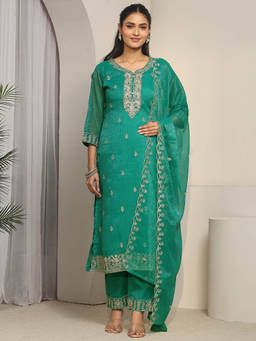 Libas - Women Green Embroidered Chinon Kurta and Pant with Dupatta
