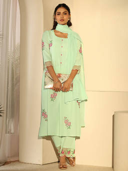 Libas - Women Green Floral Cotton Kurta and Pant with Dupatta