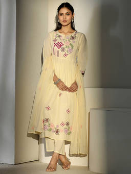Libas - Women Off White Floral Cotton Kurta and Pant with Dupatta