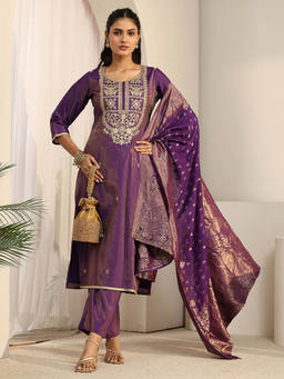 Libas - Women Purple Embroidered Silk Blend Kurta and Pant with Dupatta