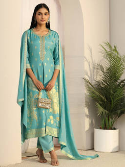 Libas - Women Blue Woven Silk Blend Kurta and Pant with Dupatta