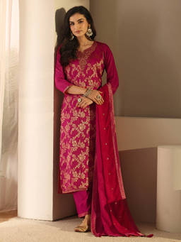 Libas - Women Pink Embroidered Silk Blend Kurta and Pant with Dupatta