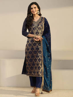 Libas - Women Blue Woven Silk Blend Kurta and Pant with Dupatta