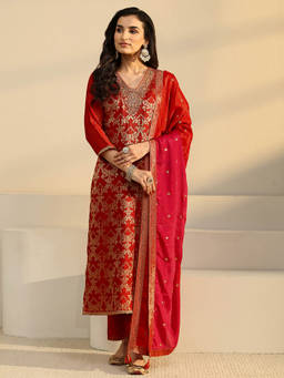 Libas - Women Orange Woven Silk Blend Kurta and Pant with Dupatta