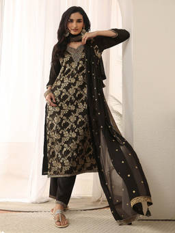 Libas - Women Black Embroidered Silk Blend Kurta and Pant with Dupatta