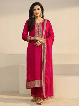 Libas - Women Pink Embroidered Chinon Kurta and Pant with Dupatta