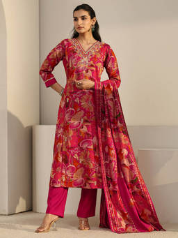 Libas - Women Pink Floral Cotton Blend Kurta and Pant with Dupatta
