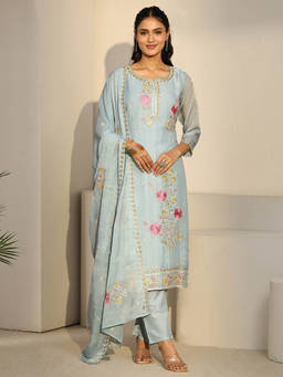Libas - Women Blue Floral Silk Blend Kurta and Pant with Dupatta