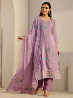 Libas - Women Lavender Embroidered Silk Blend Kurta and Pant with Dupatta