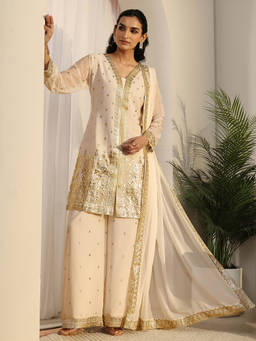 Libas Art - Women White Embroidered Georgette Kurta and Palazzo with Dupatta