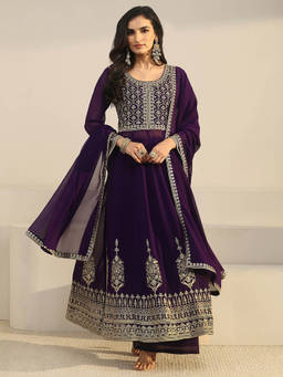 Libas Art - Women Purple Embroidered Georgette Kurta and Pant with Dupatta