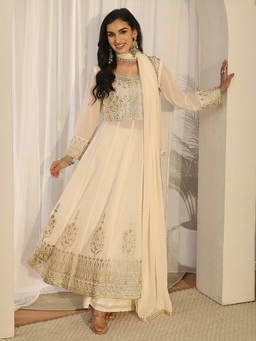 Libas Art - Women White Embroidered Georgette Kurta and Pant with Dupatta