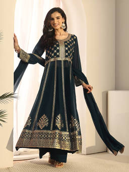 Libas Art - Women Teal Embroidered Georgette Anarkali Kurta and Palazzo with Dupatta