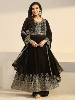 Libas Art - Women Black Embroidered Georgette Anarkali Kurta and Palazzo with Dupatta