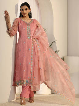 Libas - Women Peach Embroidered Tissue Kurta and Pant with Dupatta